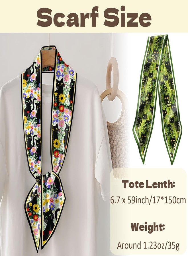 Cabreche 2PC Hair Head Scarf Neck Scarves Silk Feeling Long Oblique Angle Satin Cute Women Girls Handbag 59 * 6.7'' (AP19-Flower Cat) - Image 2